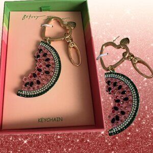 Betsey Johnson Pink-Green Watermelon Crystal Gold-Tone Key Fob Handbag Charm